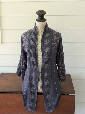 Johnny Was Charcoal Allover Embroidered Tie Jacket S - Like New